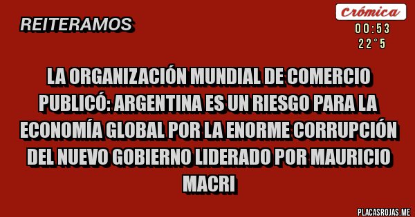 Placas Rojas - La Organización Mundial de comercio publicó: Argentina es un riesgo para la economía global por la enorme corrupción del nuevo gobierno liderado por Mauricio Macri