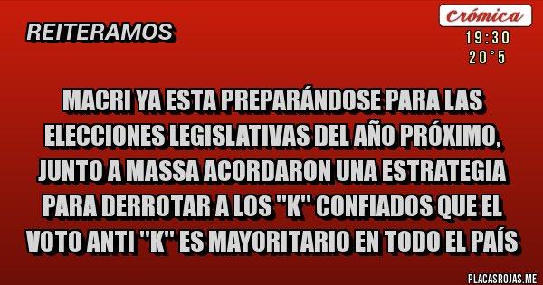 Placas Rojas - Macri ya esta preparándose para las elecciones legislativas del año próximo, junto a Massa acordaron una estrategia para derrotar a los ''K'' confiados que el voto anti ''k'' es mayoritario en todo el país 