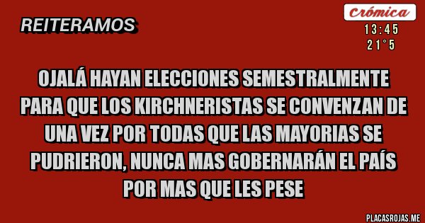 Placas Rojas - ojalá hayan elecciones semestralmente para que los kirchneristas se convenzan de una vez por todas que las mayorias se pudrieron, nunca mas gobernarán el país por mas que les pese