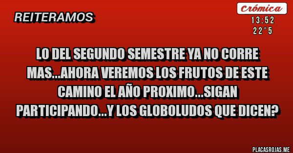 Placas Rojas - lo del segundo semestre ya no corre mas...ahora veremos los frutos de este camino el año proximo...sigan participando...y los globoludos que dicen?