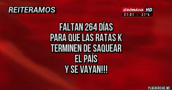 Placas Rojas - FALTAN 264 DÍAS 
PARA QUE LAS RATAS K
TERMINEN DE SAQUEAR 
EL PAÍS 
Y SE VAYAN!!!