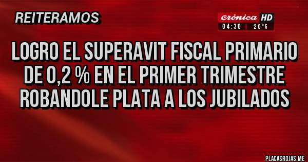 Placas Rojas - logro el superavit fiscal primario de 0,2 % en el primer trimestre robandole plata a los jubilados