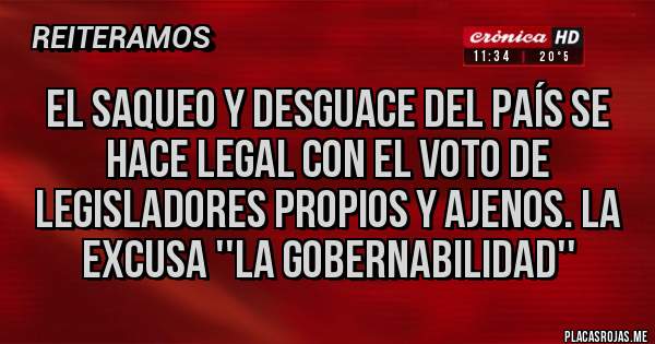Placas Rojas -  El saqueo y desguace del país se hace legal con el voto de legisladores propios y ajenos. La excusa ''la gobernabilidad'' 