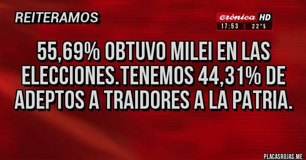Placas Rojas - 55,69% obtuvo Milei en las elecciones.tenemos 44,31% de adeptos a traidores a la patria.