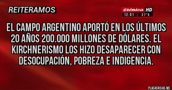 Placas Rojas - El campo argentino aportó en los últimos 20 años 200.000 millones de dólares. El kirchnerismo los hizo desaparecer con desocupación, pobreza e indigencia.