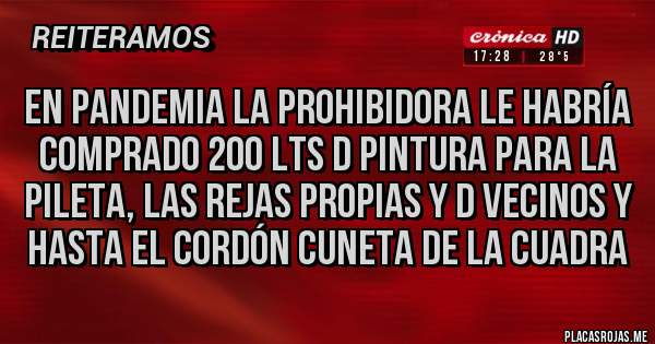 Placas Rojas - En pandemia la prohibidora le habría comprado 200 lts d pintura para la pileta, las rejas propias y d vecinos y hasta el cordón cuneta de la cuadra