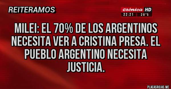 Placas Rojas - Milei: el 70% de los argentinos necesita ver a Cristina presa. El pueblo argentino necesita justicia.