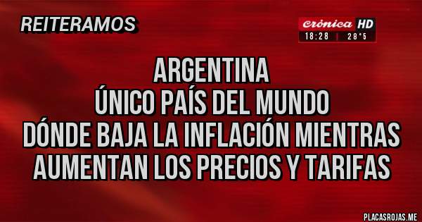 Placas Rojas - ARGENTINA 
ÚNICO PAÍS DEL MUNDO
DÓNDE BAJA LA INFLACIÓN MIENTRAS AUMENTAN LOS PRECIOS Y TARIFAS