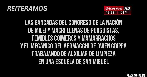 Placas Rojas - las bancadas del congreso de la nación
de milei y macri llenas de punguistas, 
temibles coimeros y mamarrachos
y el mecánico del aermacchi de owen crippa
trabajando de auxiliar de limpieza
en una escuela de san miguel