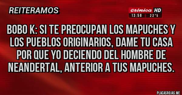 Placas Rojas - Bobo k: si te preocupan los mapuches y los pueblos originarios, dame tu casa por que yo deciendo del hombre de neandertal, anterior a tus mapuches.