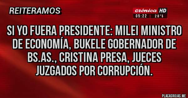 Placas Rojas - Si yo fuera presidente: Milei ministro de economía, bukele gobernador de Bs.As., Cristina presa, jueces juzgados por corrupción.