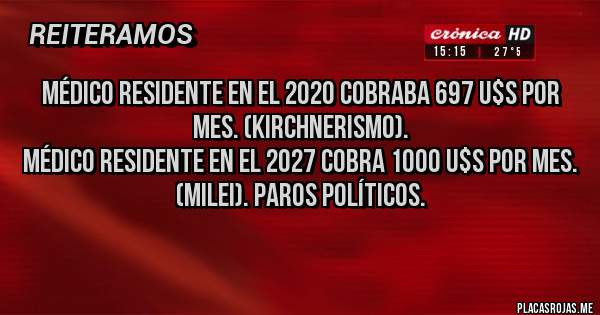 Placas Rojas - Médico residente en el 2020 cobraba 697 u$s por mes. (Kirchnerismo).
Médico residente en el 2027 cobra 1000 u$s por mes.
(Milei). Paros políticos.
