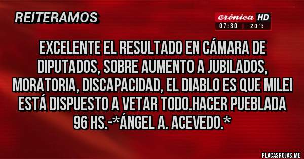 Placas Rojas - Excelente el resultado en Cámara de Diputados, sobre Aumento a Jubilados, Moratoria, Discapacidad, el Diablo es que Milei está dispuesto a VETAR TODO.HACER PUEBLADA 96 hS.-*Ángel A. Acevedo.*