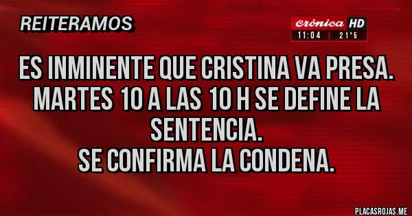 Placas Rojas - es inminente que cristina va presa.
martes 10 a las 10 h se define la sentencia.
se confirma la condena.