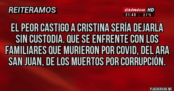 Placas Rojas - El peor castigo a Cristina sería dejarla sin custodia. Que se enfrente con los familiares que murieron por COVID, del ara san Juan, de los muertos por corrupción.