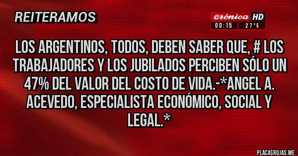 Placas Rojas - LOS ARGENTINOS, TODOS, DEBEN SABER QUE, # LOS TRABAJADORES Y LOS JUBILADOS PERCIBEN SÓLO UN 47% DEL VALOR DEL COSTO DE VIDA.-*Angel A. Acevedo, Especialista Económico, Social y Legal.*