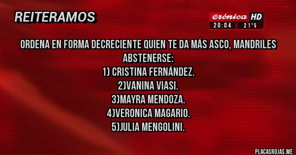 Placas Rojas - Ordena en forma decreciente quien te da más asco, mandriles abstenerse:
1) Cristina Fernández.
2)vanina viasi.
3)Mayra Mendoza.
4)veronica magario.
5)julia mengolini.