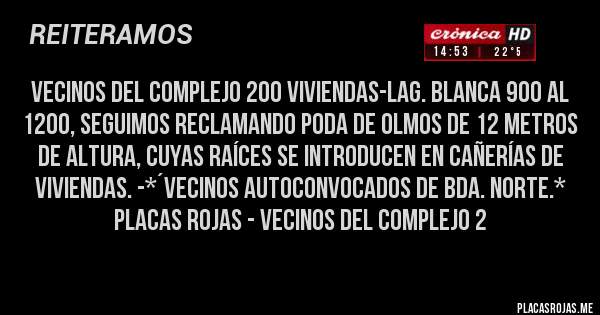 Placas Rojas - Vecinos del Complejo 200 Viviendas-Lag. Blanca 900 al 1200, seguimos reclamando PODA DE OLMOS DE 12 METROS DE ALTURA, CUYAS RAÍCES SE INTRODUCEN EN CAÑERÍAS DE VIVIENDAS. -*´Vecinos Autoconvocados de Bda. Norte.*
Placas Rojas - Vecinos del Complejo 2