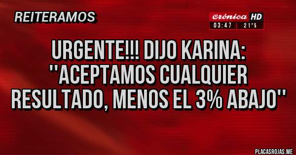 Placas Rojas - URGENTE!!! Dijo Karina: ''Aceptamos cualquier resultado, menos el 3% abajo''
