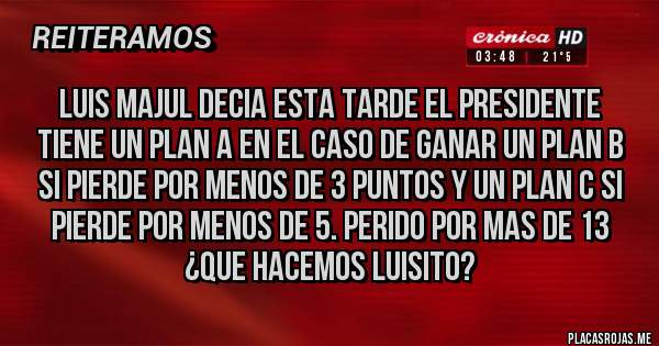 Placas Rojas - LUIS MAJUL DECIA ESTA TARDE EL PRESIDENTE TIENE UN PLAN A EN EL CASO DE GANAR UN PLAN B SI PIERDE POR MENOS DE 3 PUNTOS Y UN PLAN C SI PIERDE POR MENOS DE 5. PERIDO POR MAS DE 13 ¿QUE HACEMOS LUISITO?