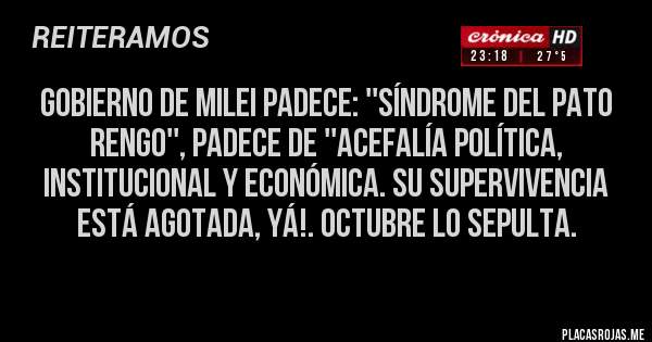 Placas Rojas - Gobierno de Milei padece: ''SÍNDROME DEL PATO RENGO'', PADECE DE ''ACEFALÍA POLÍTICA, INSTITUCIONAL Y ECONÓMICA. SU SUPERVIVENCIA ESTÁ AGOTADA, YÁ!. OCTUBRE LO SEPULTA.