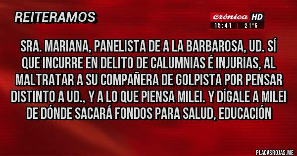 Placas Rojas - Sra. Mariana, panelista de A la Barbarosa, UD. SÍ QUE INCURRE EN DELITO DE CALUMNIAS É INJURIAS, AL MALTRATAR A SU COMPAÑERA DE GOLPISTA POR PENSAR DISTINTO A UD., Y A LO QUE PIENSA MILEI. Y DÍGALE A MILEI DE DÓNDE SACARÁ FONDOS PARA SALUD, EDUCACIÓN