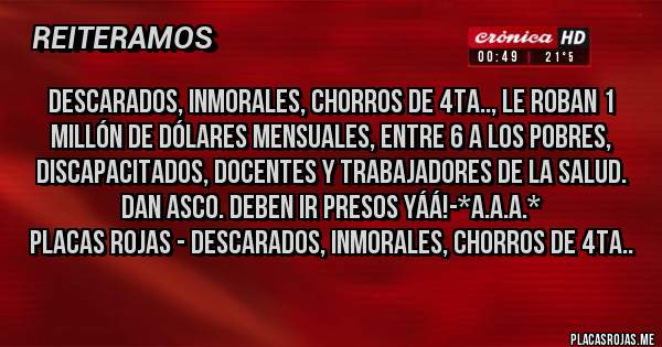 Placas Rojas - DESCARADOS, INMORALES, CHORROS DE 4TA.., LE ROBAN 1 MILLÓN DE DÓLARES MENSUALES, ENTRE 6 A LOS POBRES, DISCAPACITADOS, DOCENTES Y TRABAJADORES DE LA SALUD. DAN ASCO. DEBEN IR PRESOS YÁÁ!-*A.A.A.*
Placas Rojas - DESCARADOS, INMORALES, CHORROS DE 4TA..