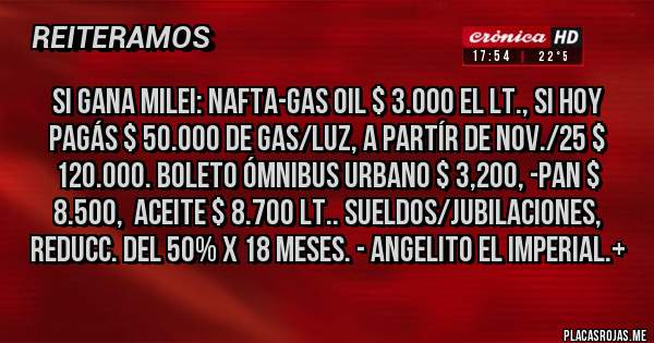 Placas Rojas - sI gANA mILEI: Nafta-Gas Oil $ 3.000 el Lt., Si hoy pagás $ 50.000 de Gas/Luz, a partír de Nov./25 $ 120.000. Boleto Ómnibus Urbano $ 3,200, -Pan $ 8.500,  Aceite $ 8.700 lt.. Sueldos/Jubilaciones, Reducc. del 50% x 18 Meses. - Angelito El Imperial.+