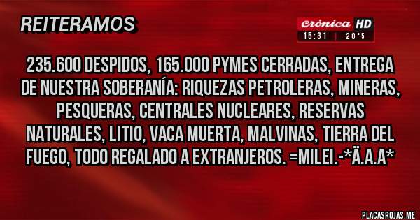 Placas Rojas - 235.600 Despidos, 165.000 PYMES CERRADAS, Entrega de nuestra Soberanía: Riquezas Petroleras, Mineras, Pesqueras, Centrales Nucleares, Reservas Naturales, Litio, Vaca Muerta, Malvinas, Tierra del Fuego, TODO REGALADO A EXTRANJEROS. =MILEI.-*Ä.A.A*