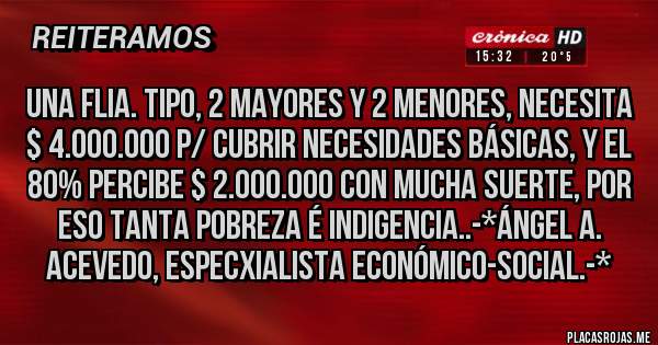 Placas Rojas - Una Flia. tipo, 2 mayores y 2 menores, necesita $ 4.000.000 p/ cubrir necesidades básicas, y el 80% percibe $ 2.000.000 con mucha suerte, por eso TANTA POBREZA é INDIGENCIA..-*Ángel A. Acevedo, Especxialista Económico-Social.-*