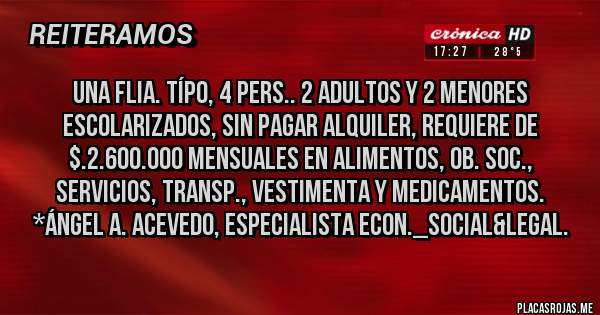 Placas Rojas - Una Flia. Típo, 4 pers.. 2 adultos y 2 menores escolarizados, Sin Pagar Alquiler, REQUIERE DE  $.2.600.000 Mensuales en Alimentos, Ob. Soc., Servicios, Transp., Vestimenta y Medicamentos. *Ángel A. Acevedo, Especialista Econ._Social&Legal.