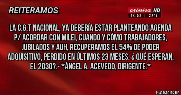 Placas Rojas - La C.G.T NACIONAL, YA DEBERÍA ESTAR PLANTEANDO AGENDA P/ ACORDAR CON MILEI, CUANDO Y CÓMO TRABAJADORES, JUBILADOS Y AUH, RECUPERAMOS EL 54% DE PODER ADQUISITIVO, PERDIDO EN ÚLTIMOS 23 MESES. ¿ QUÉ ESPERAN, EL 2030?.- *Ángel A. Acevedo, Dirigente.*
