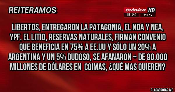 Placas Rojas - Libertos, entregaron la Patagonia, el NOA Y NEA, YPF, EL LITIO, RESERVAS NATURALES, FIRMAN CONVENIO QUE BENEFICIA EN 75% A EE.UU Y SÓLO UN 20% A ARGENTINA Y UN 5% DUDOSO, SE AFANARON + DE 90.000 MILLONES DE DÓLARES EN  COIMAS, ¿QUÉ MAS QUIEREN?