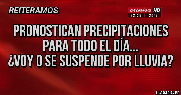 Placas Rojas - Pronostican precipitaciones para todo el día...
¿Voy o se suspende por lluvia?