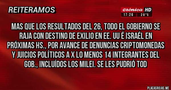 Placas Rojas - Mas que los resultados del 26, todo el gobierno SE RAJA CON DESTINO DE EXILIO EN EE. UU É ISRAÉL EN PRÓXIMAS HS., POR AVANCE DE DENUNCIAS CRIPTOMONEDAS Y JUICIOS POLÍTICOS A X LO MENOS 14 INTEGRANTES DEL GOB., INCLUÍDOS LOS MILEI. SE LES PUDRIÓ TOD
