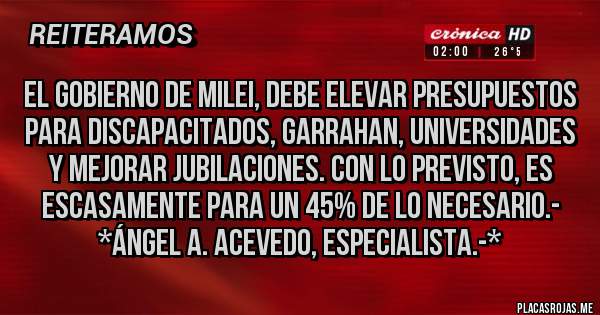 Placas Rojas - EL GOBIERNO DE MILEI, DEBE ELEVAR PRESUPUESTOS PARA DISCAPACITADOS, GARRAHAN, UNIVERSIDADES Y MEJORAR JUBILACIONES. CON LO PREVISTO, ES ESCASAMENTE PARA UN 45% DE LO NECESARIO.- *Ángel A. Acevedo, Especialista.-*