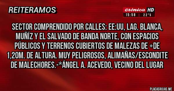 Placas Rojas - Sector comprendido por calles: EE:UU, Lag. Blanca, Muñíz y El Salvado de Banda Norte, con Espacios Públicos y Terrenos cubiertos de Malezas de +de 1,20m. de altura. Muy Peligrosos, alimañas/Escondite de Malechores.-*Ángel A. Acevedo, Vecino del Lugar