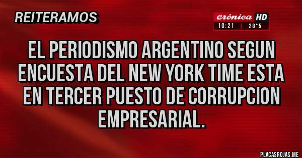 Placas Rojas - EL PERIODISMO ARGENTINO SEGUN ENCUESTA DEL NEW YORK TIME ESTA EN TERCER PUESTO DE CORRUPCION EMPRESARIAL.